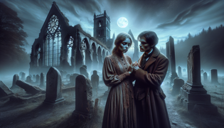 Elias and Marian stand among ancient ruins under a moonlit sky, sharing a moment of understanding.