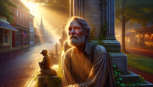 Elias, bathed in gentle morning light, stands in the town square of Brush Creek with a renewed sense of hope.