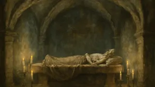 Una figura pálida yace en una cripta iluminada por candelas bajo la Casa de Usher.