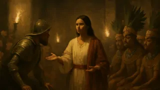 La Malinche se encuentra lista, traduciendo entre Cortés y los líderes aztecas.