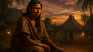 La joven Malintzin, envuelta en una tela sencilla, contempla un poblado maya.
