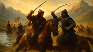 Manas leads Kyrgyz warriors in battle near the Talas River