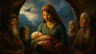 Birth of Manas under omens in a yurt, with elders and mountains