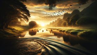 Un tranquilo tramo del río Mara renovado después de la sequía, con la fauna regresando a las exuberantes orillas al amanecer.