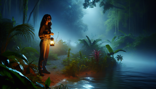 Young woman standing contemplatively by the riverbank at night, lantern in hand under a misty atmosphere.