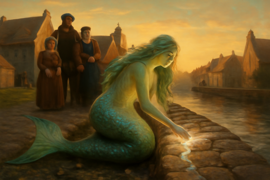 A glowing mermaid named Marijke kneels on the repaired dyke at Edam, weaving seafoam into stone with her hands as villagers watch in awe.