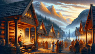 Una bulliciosa plaza del mercado medieval noruega con puestos de madera, compradores y guardias de la ciudad bajo una luz brillante del día.