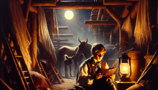 A teenage gaucho reading a worn leather journal by candlelight in a rustic loft.