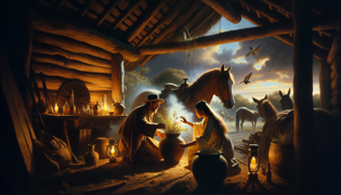 A wise female healer anointing a young gaucho’s brow by candlelight in a rustic hut.