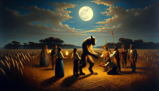 A werewolf-gaucho kneeling before villagers under a rising dawn sky, bracelets of grass offered.