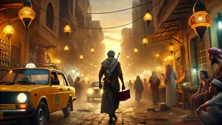 Ma’ruf llega a las bulliciosas calles de El Cairo, con su caja de herramientas en la mano y la luz de los farolillos vespertinos iluminándolo.