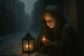 Chica de la andanza arrodillada en una esquina de la calle nevada, encendiendo una cerilla bajo un farol tenue.