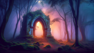 Ruinas de un arco cubierto de musgo que conducen a una caverna oscura en el bosque.