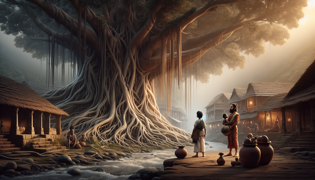 Arjun y Ravi se encuentran bajo un extenso árbol de banyan al amanecer, con raíces que se enredan a su alrededor mientras se saludan con alegría.