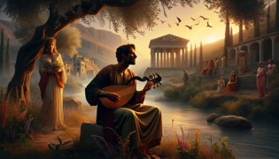 Orfeo tocando apasionadamente su lira junto a un río resplandeciente bajo un cielo radiante.