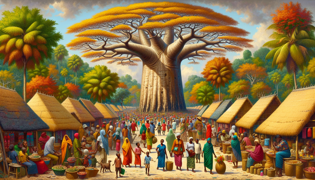 Central baobab tree in Mhondoro village surrounded by villagers.