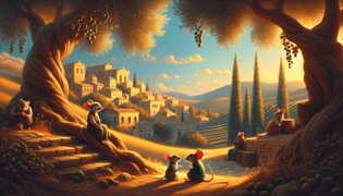 Two mice meeting in a sunlit glade surrounded by olive trees and soft greenery