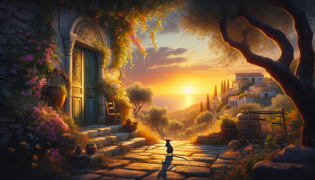 A heartwarming scene of a mouse returning to a cozy, sunlit countryside abode