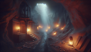 Una vasta caverna medieval con estalactitas puntiagudas y un fantasma de minero solitario sosteniendo un farol glow que emite una luz tenue.
