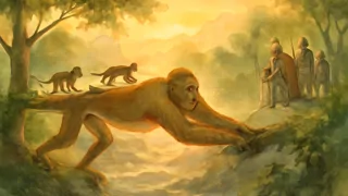 El Rey Mono herido forma un puente viviente sobre un río al amanecer, mientras los monos escapan.