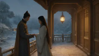 Príncipe Genji y la Lady Akane junto a un farol bajo la luz de la luna de invierno