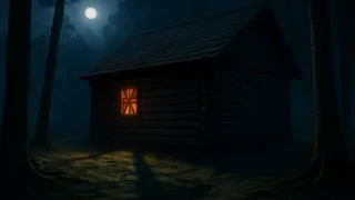 Una ventana de una cabaña destapada bajo la brillante luna llena, con sombras que se deslizan.