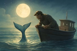 Un pescador solitario avista una figura elegante que se arquea desde las aguas bajo la luz de la luna llena.