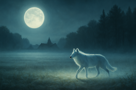 Un lobo espectral y pálido de pie, solo, sobre llanuras de hierba iluminadas por la luna bajo un cielo estrellado.