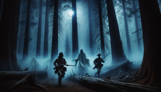 Dos tramperos del siglo XIX en un bosque iluminado por la luna persiguen a una criatura pálida y fantasmal a través de una niebla densa.