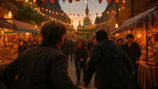 Iván y Anya atravesando una calle concurrida de Moscú en una divertida carrera.