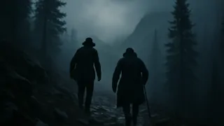 Sherlock Holmes y el Dr. Watson atravesando un sendero nebuloso en las montañas cerca de las cataratas de Reichenbach.
