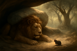 Un valiente ratón comienza a acercarse a un león atrapado en una cueva tenuemente iluminada.