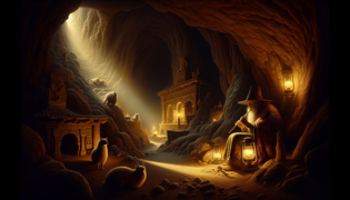 Una pequeña figura enana tocando una flauta de madera en una caverna subterránea luminosa, con vetas de plata en las paredes.