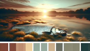Un solitario pez plateado con escamas prismáticas que brillan contra el cielo rojo del amanecer sobre la superficie del río.