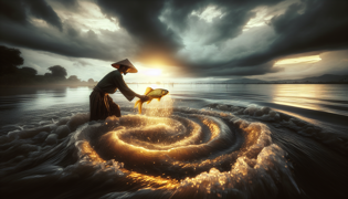 Un pescador libera un radiante pez dorado de nuevo en el río mientras se forman nubes oscuras en el cielo.