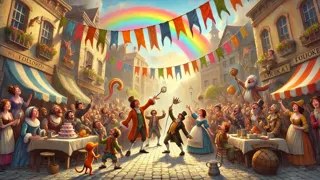 Los asistentes al festival en Farcarn coronando al “Gran Bufón” mientras un arcoíris se extiende sobre las multitudes jubilosas.