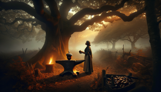 A lone acorn etched with spirals, set on an anvil under flickering torchlight in a dark forest clearing.