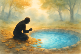 Una figura solitaria cuidando la naciente fuente a la madrugada, con la luz filtrándose entre los árboles.