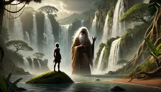 Ngombo escucha con asombro mientras el sabio dador de agua gesticula hacia el cielo, rodeado de cascadas y niebla en un valle oculto.