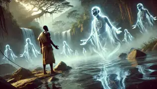 Ngombo contempla el Río de los Ancestros, donde figuras espectrales flotan sobre el agua, y la imagen de su padre se presenta ante él.