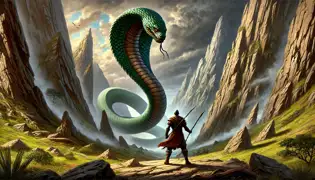 Ngombo está listo con su lanza mientras la enorme serpiente guardiana, Nkama, se enrolla en el escarpado paso montañoso.