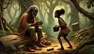 Ngoné se acerca con cautela a Samba el Engañoso, que está sentado en un tronco tallando una figurita en un denso bosque de África Occidental.