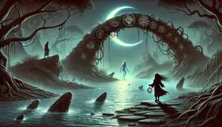 Ngoné se encuentra al borde de un río resplandeciente en la noche, preparándose para cruzar hacia el reino de los Djinn con un amuleto protector en la mano.