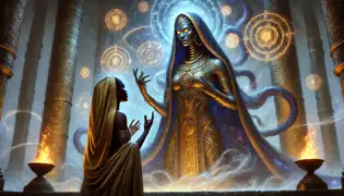 Ngoné se encuentra ante un imponente Djinn de ojos dorados, suplicando por el regreso de la Máscara Sagrada en un reino etéreo y resplandeciente.