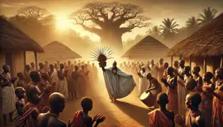 Ngoné regresa a su aldea al amanecer, sosteniendo la Máscara Sagrada mientras los aldeanos se reúnen, alegres y listos para comenzar el festival.