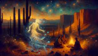 Viajero junto a la fogata bajo un cielo estrellado del desierto, con destellos de música etérea.