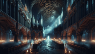 Interior iluminado por la luz de la luna de la Hofkirche de Lucerna, donde figuras fantasmas flotan entre los bancos mientras los tubos del órgano brillan en lo alto.