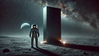 Un astronauta se encuentra de noche observando un misterioso monolito en la Luna bajo la luz de las estrellas.