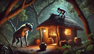 Por la noche, un mono se desplaza sigilosamente por el tejado de una choza, mientras una hiena hambrienta acecha en las sombras cerca de un pueblo.