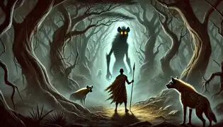 Nyamazana se enfrenta a un espíritu de hiena fantasma con ojos dorados que brillan en la bruma del bosque, sosteniendo su lanza con determinación.